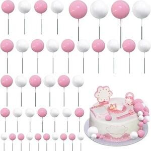 50x Pink & White Fun Balloon Ball Birthday, Anniversary, Wedding Cake Toppers